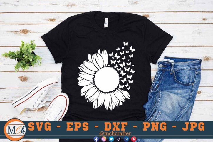 M210 Sunflower and buttrf B 3 2 Mcp Black Sunflower and Butterflies SVG Butterfly SVG Sunflowers SVG Nature SVG Cut File for Cricut
